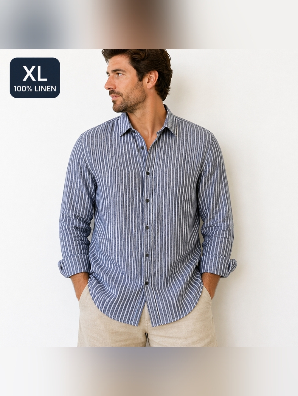 Mens XL Saks Fifth Avenue 100% Linen Button Up Shirt Blue Striped Casual
